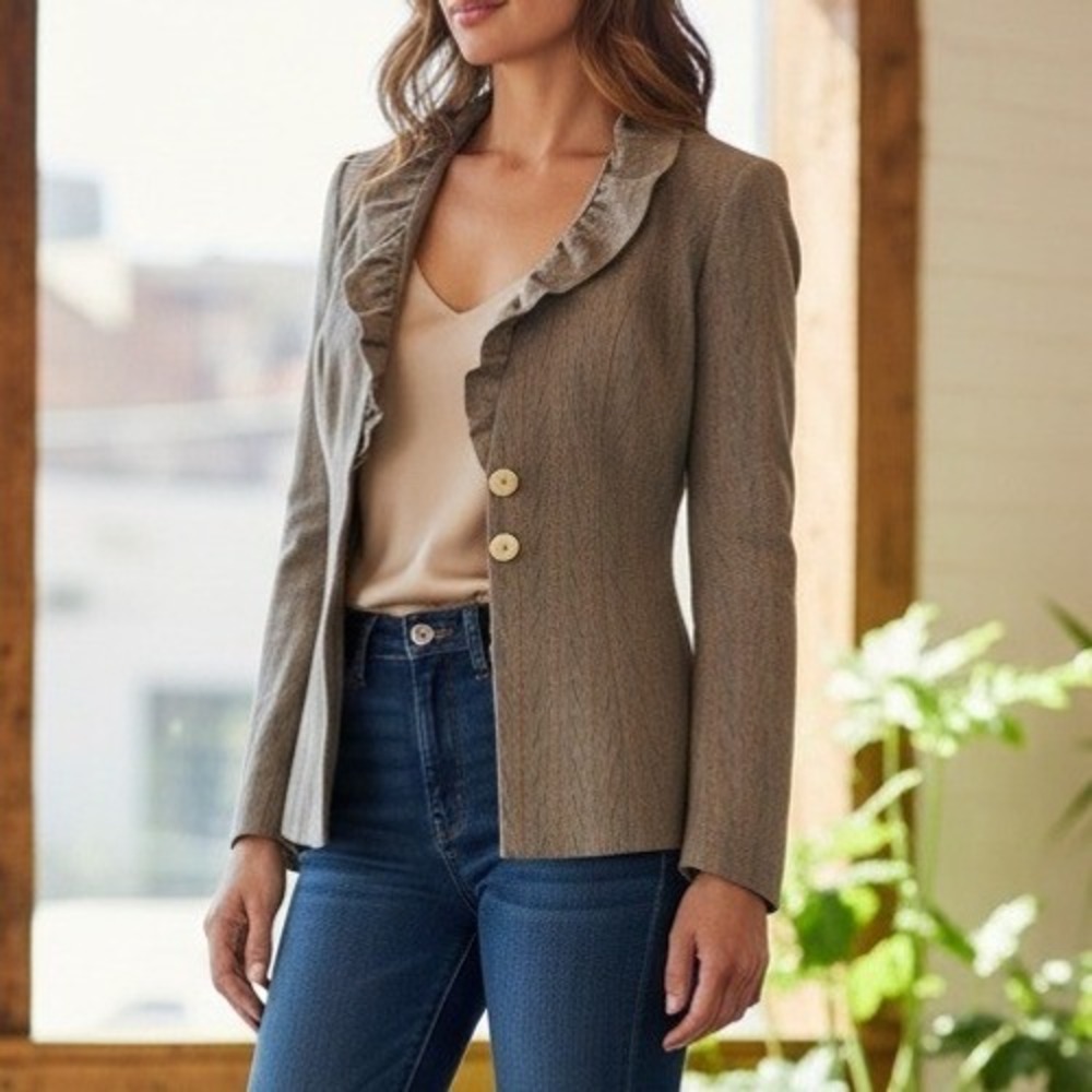 Made in Italy Virgin Wool Tailored Blazer Ruffle Herringbone  Jacket Size 8
